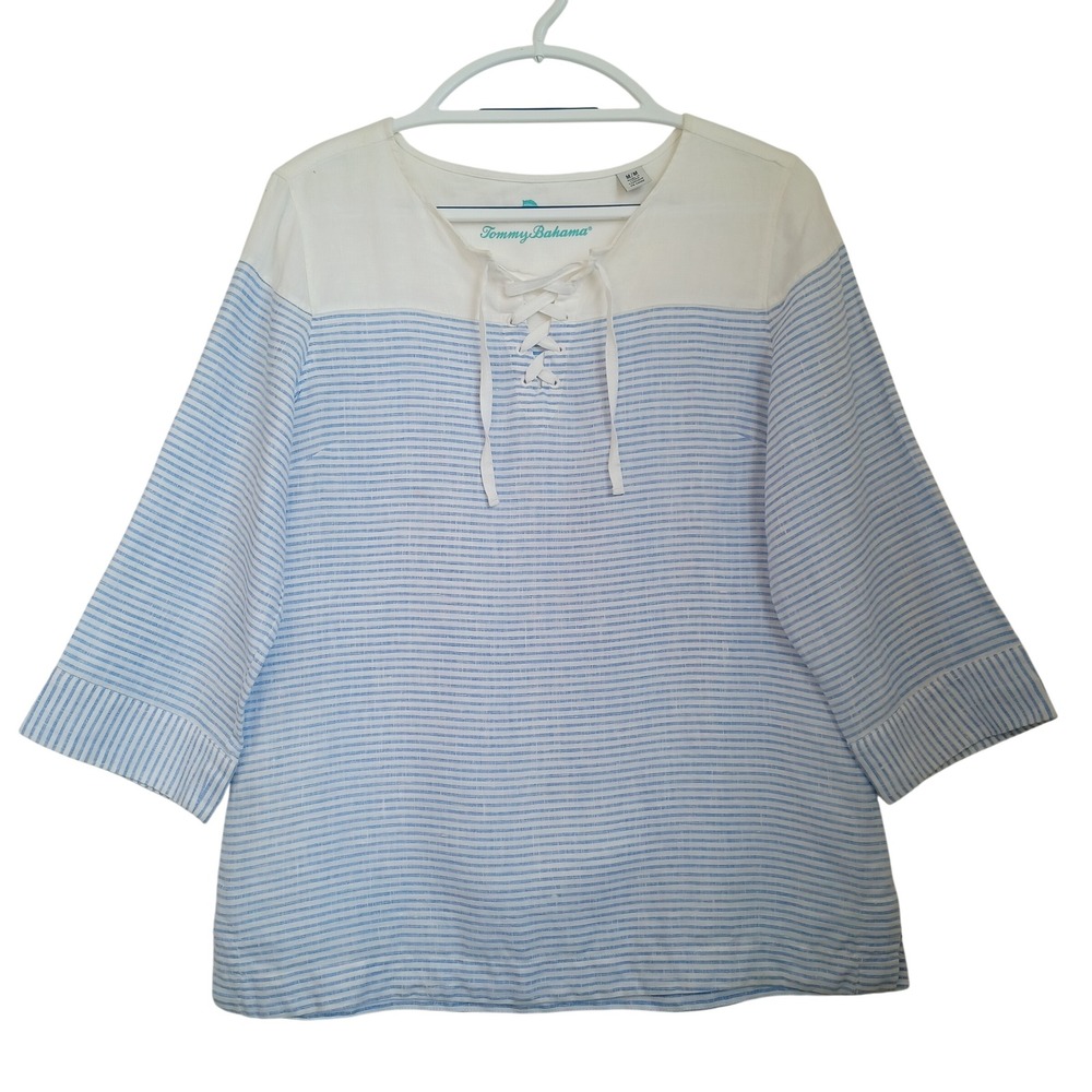 Tommy Bahama Womens Blue White Striped 100% Linen Lace Up Tunic Top Size M